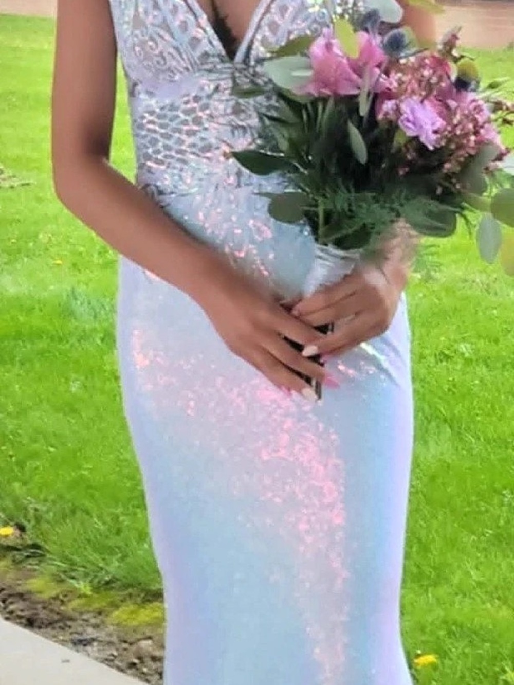 Iridescent Lace-Up Maxi Dress in Blue & Pink Like New